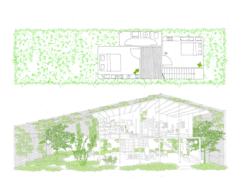 Drawings from "The Nest" show the blurred boundary between indoor and outdoor, both in plan and section. Image © a21 Studio