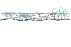 ภาพสเกตซ์แสดงแนวความคิดของกำแพงเกเบี้ยนที่บรรจุซากวัสดุก่อสร้างซ้อนเรียงกันเป็นขั้นก่อเป็นผนังสูง 5 เมตร
